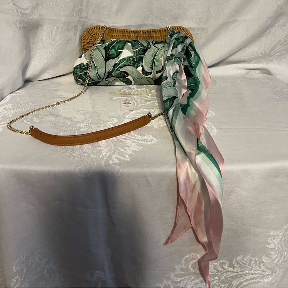 Talbots palm leaf shoulder bag with wicker trim and gold chain strap